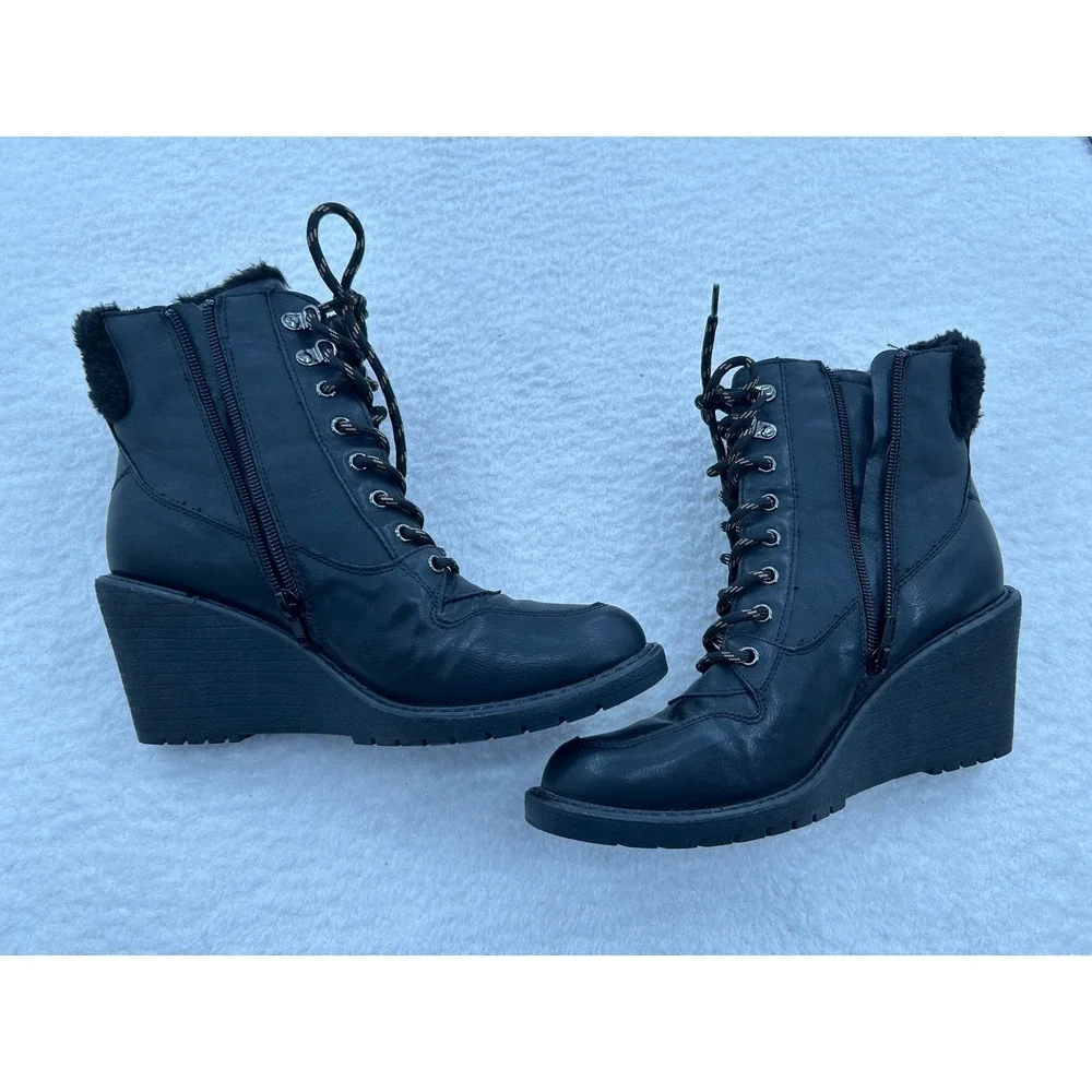 Rouge Helium Womens Black Wedge Ankle Boots Faux Fur Trim Lace Up Side‎ Zip 10